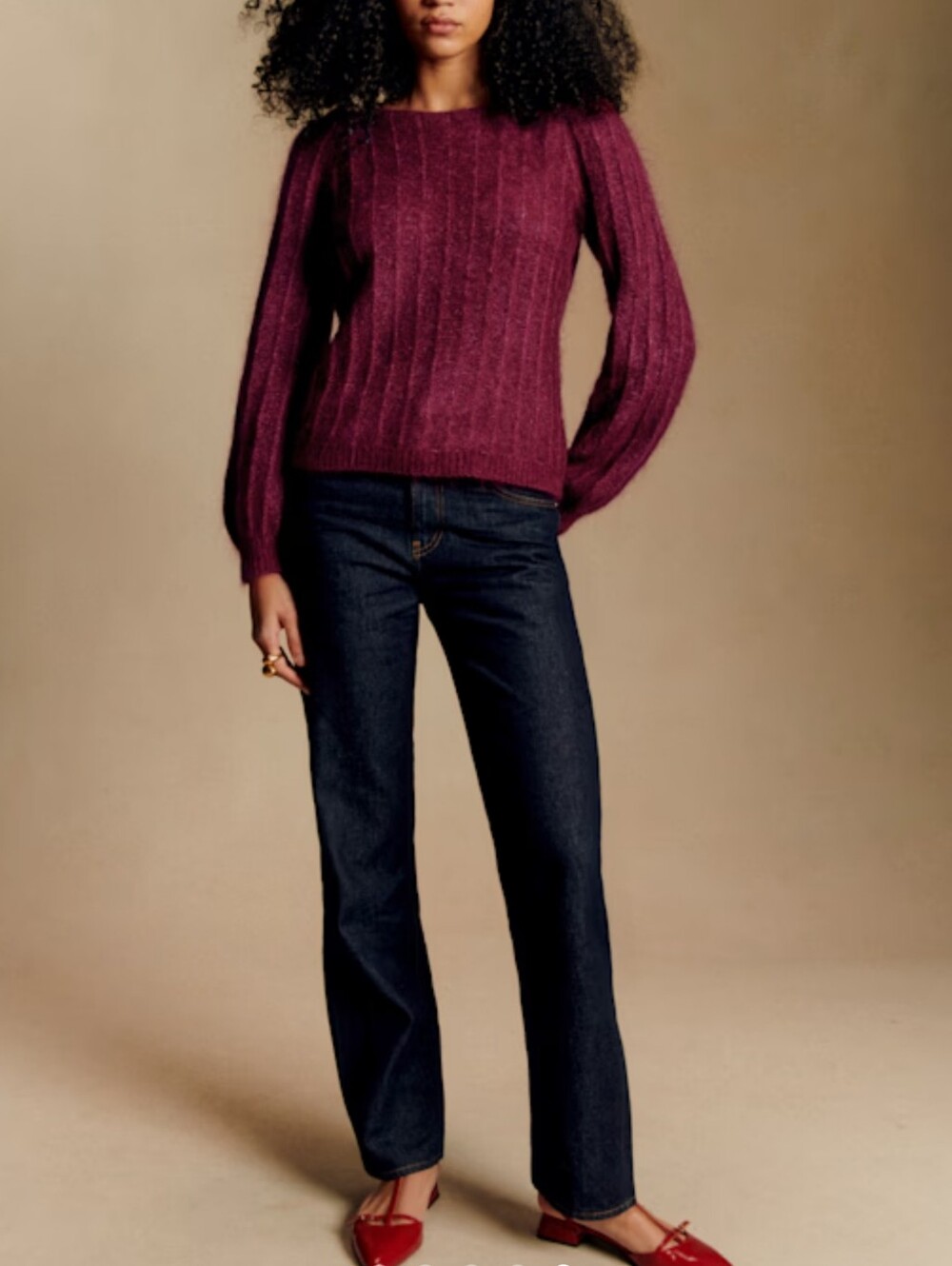 Sezane Aretha Fancy Knit Balloon Sleeves Sweater - Raisen Burgundy Small - Picture 2 of 11
